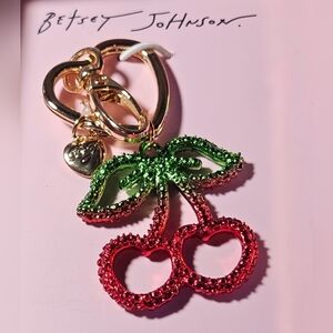 Betsey Johnson Double Cherry Rhinestone Purse Charm / Keychain ~ NIB
